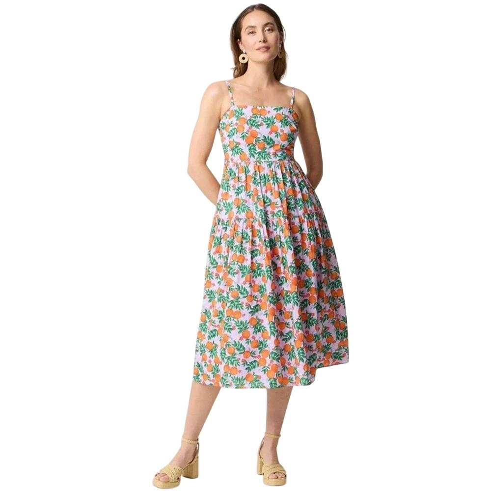J.Crew Strappy Midi Dress Smocked Oranges Citrus 14 Summer Resortwear Vacation